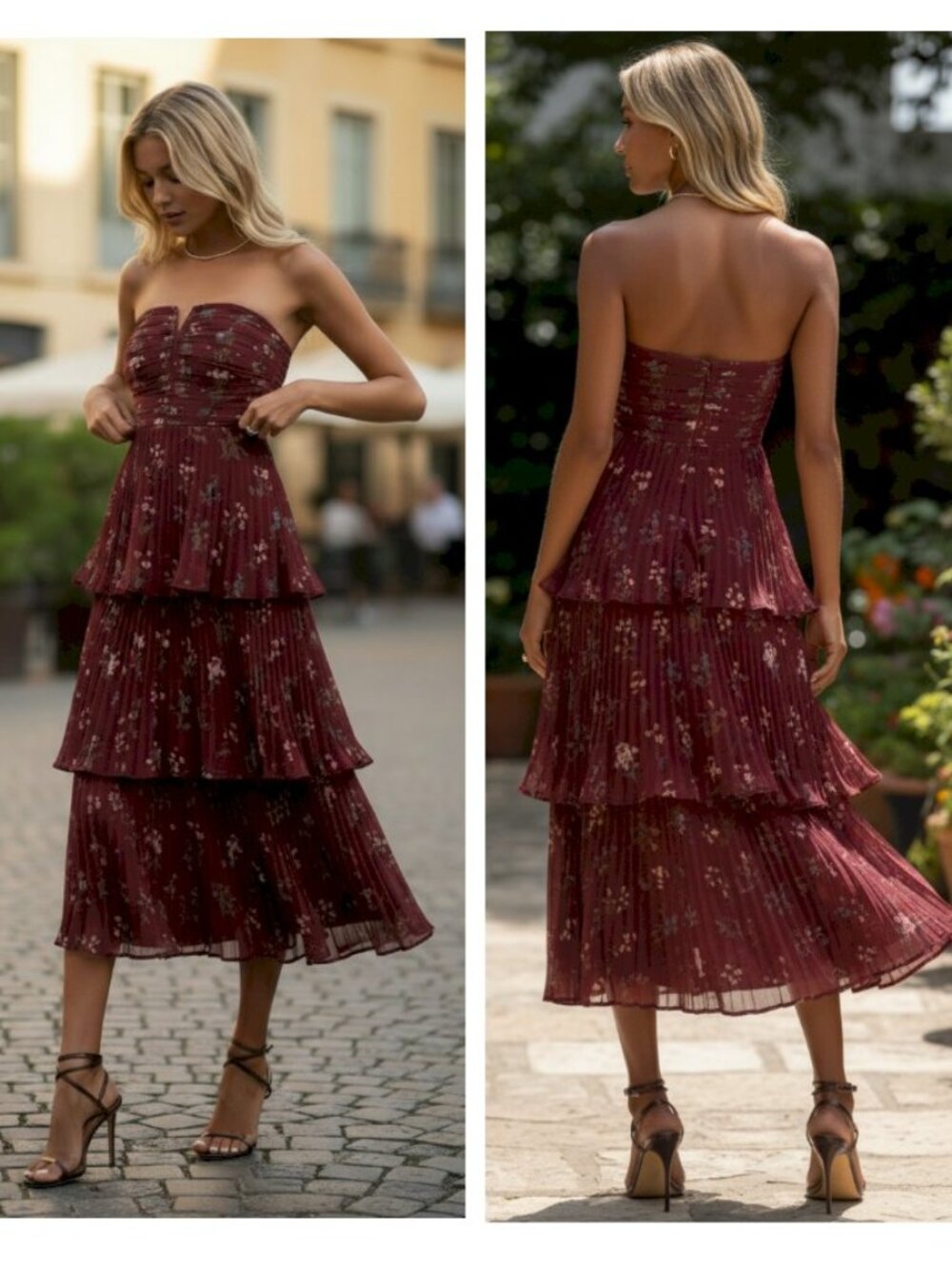 Lulus Hadelyn Burgundy Floral Pleated Tiered Midi Dress Size Small NWT - Picture 7 of 11